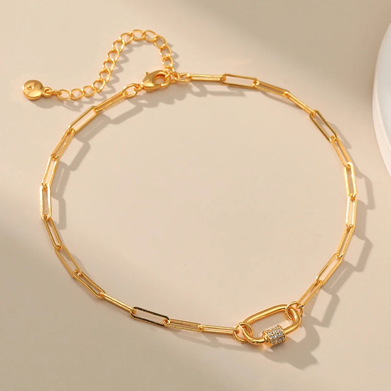 Gold Elongated Link Anklet with Cubic Zirconia Charm