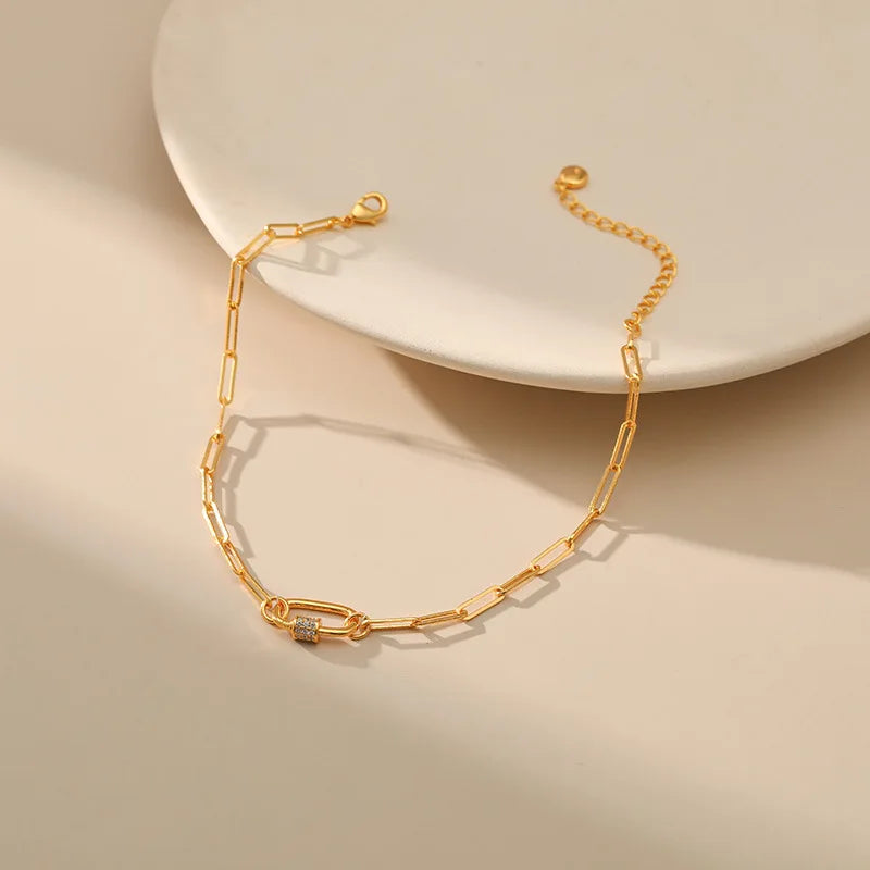 Gold Elongated Link Anklet with Cubic Zirconia Charm